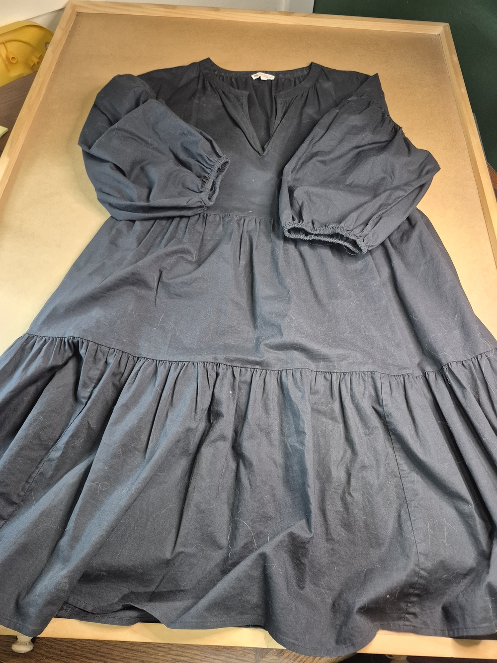 Black Smock Tiered Midi Dress with Puff Sleeves